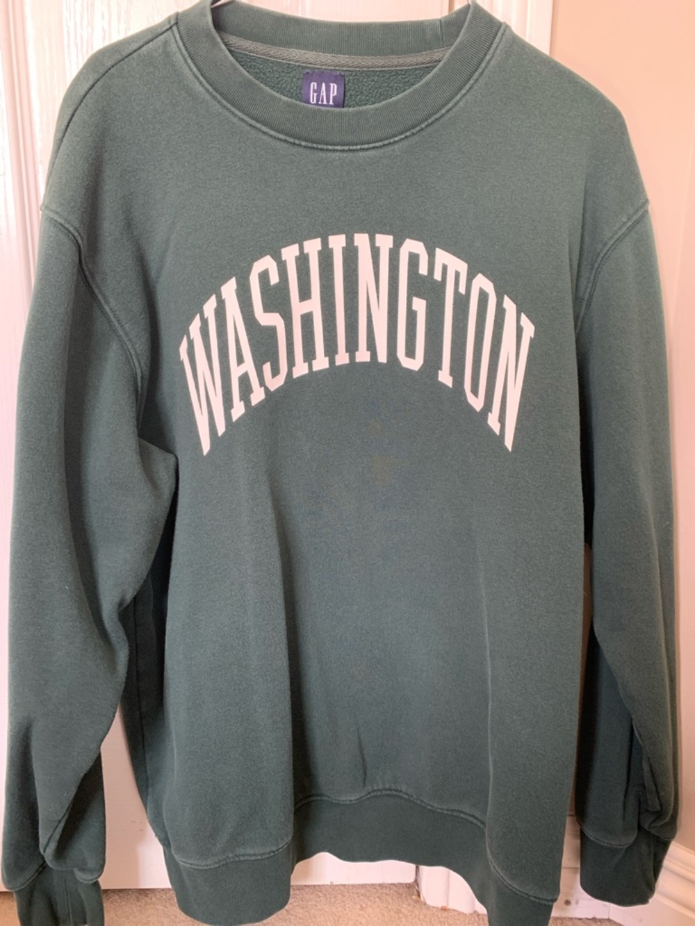 GAP Women's Crewneck Sweatshirt in Forest Green with White 'WASHINGTON' Print